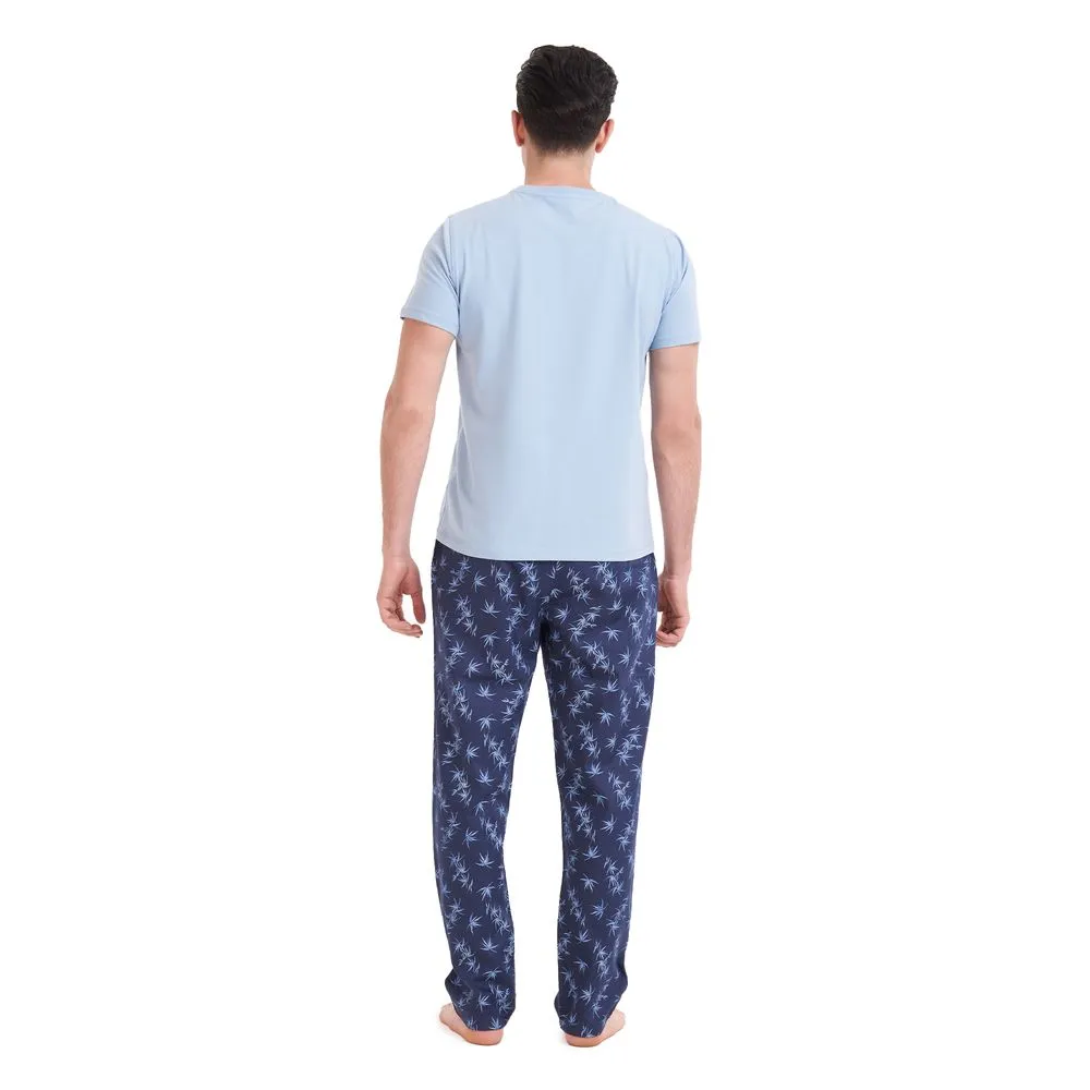 Men summer pajama set Light Blue T-shirt  Light Blue Leaves pants