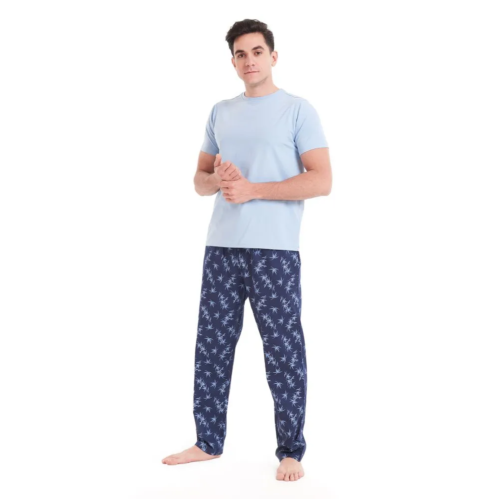 Men summer pajama set Light Blue T-shirt  Light Blue Leaves pants