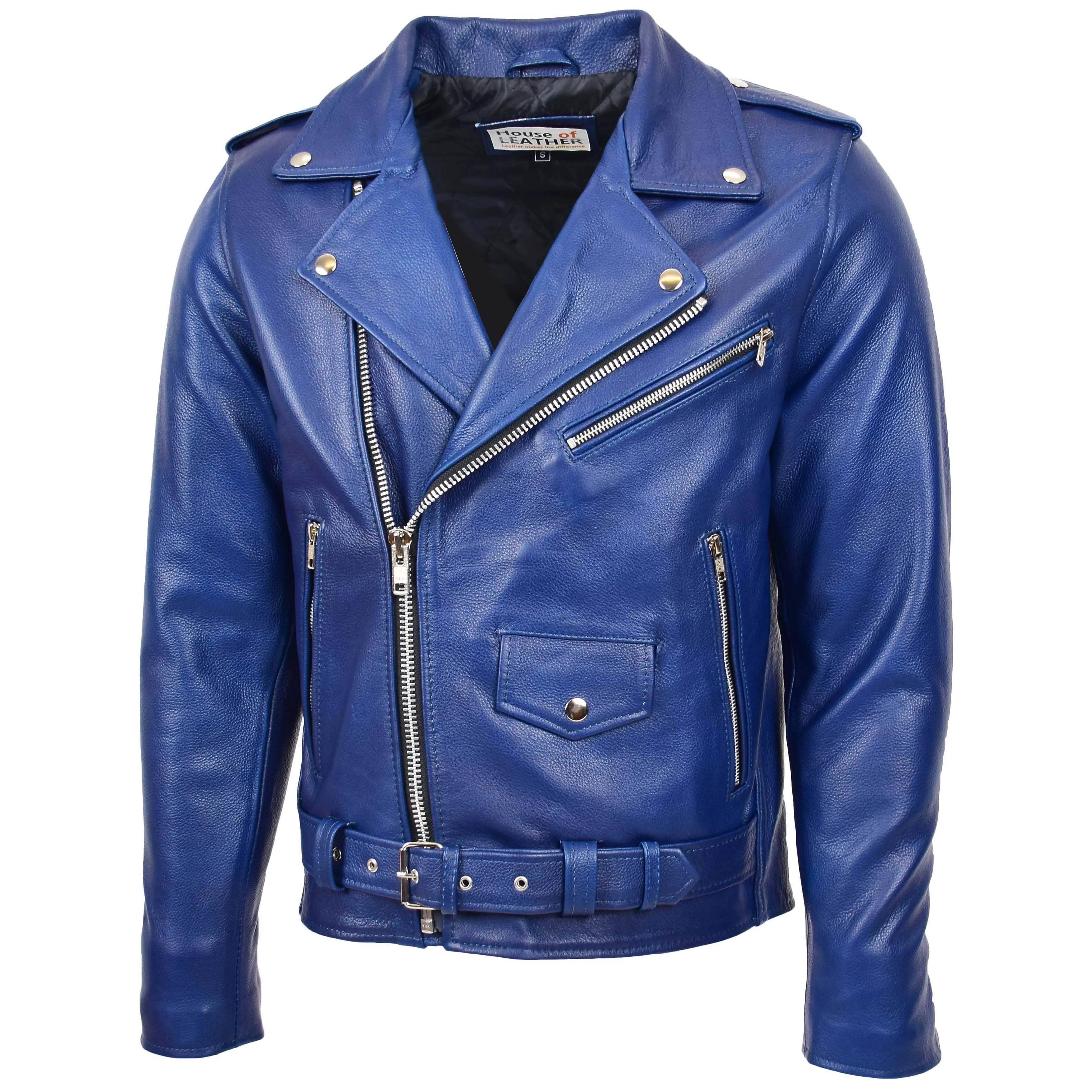 Mens Heavy Duty Leather Biker Brando Jacket Kyle Blue