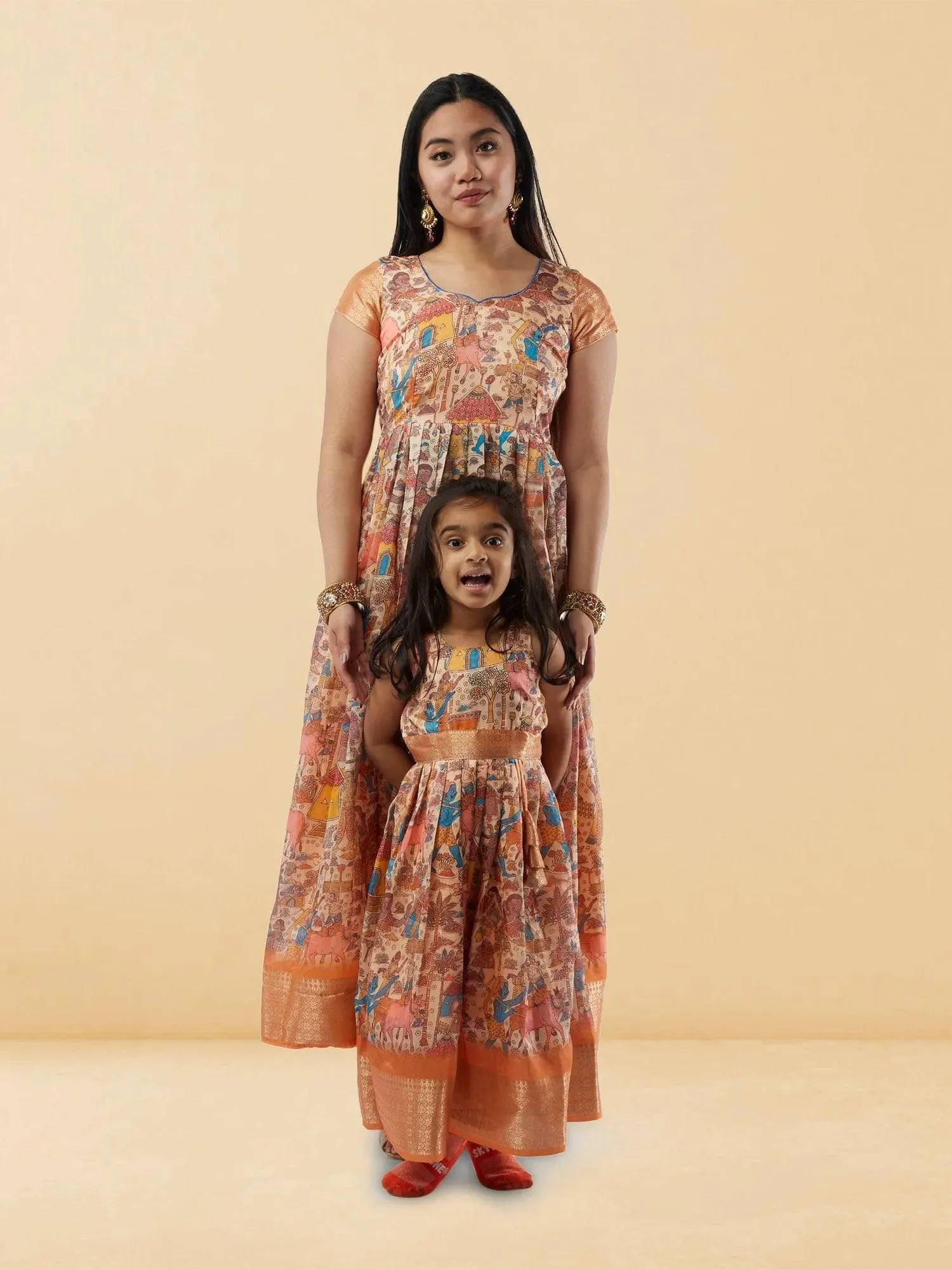 Mommy n Me - Cream Kalankari Print Length Dresses