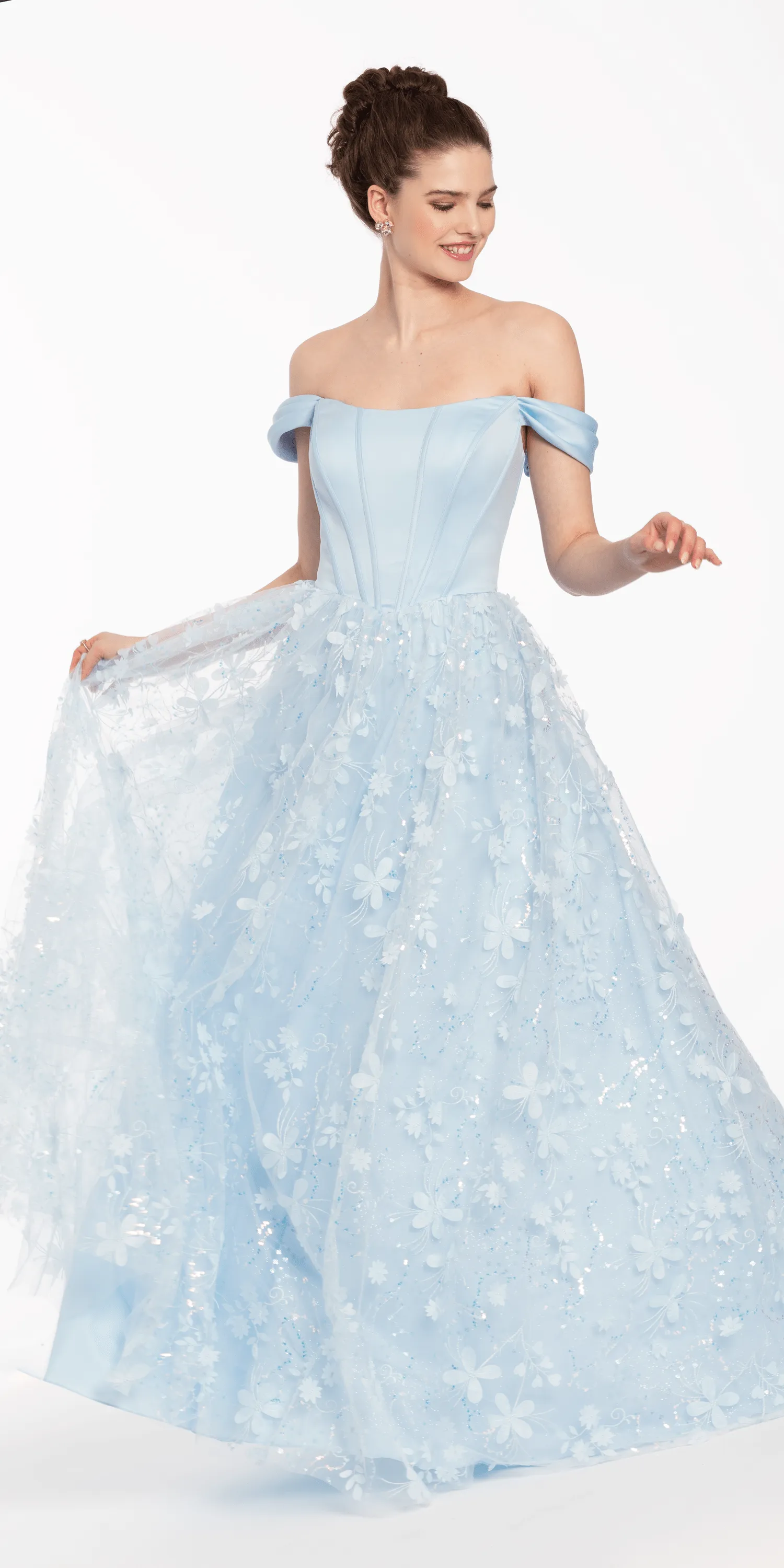 Off the Shoulder Corset Ballgown with 3D Floral Appliques