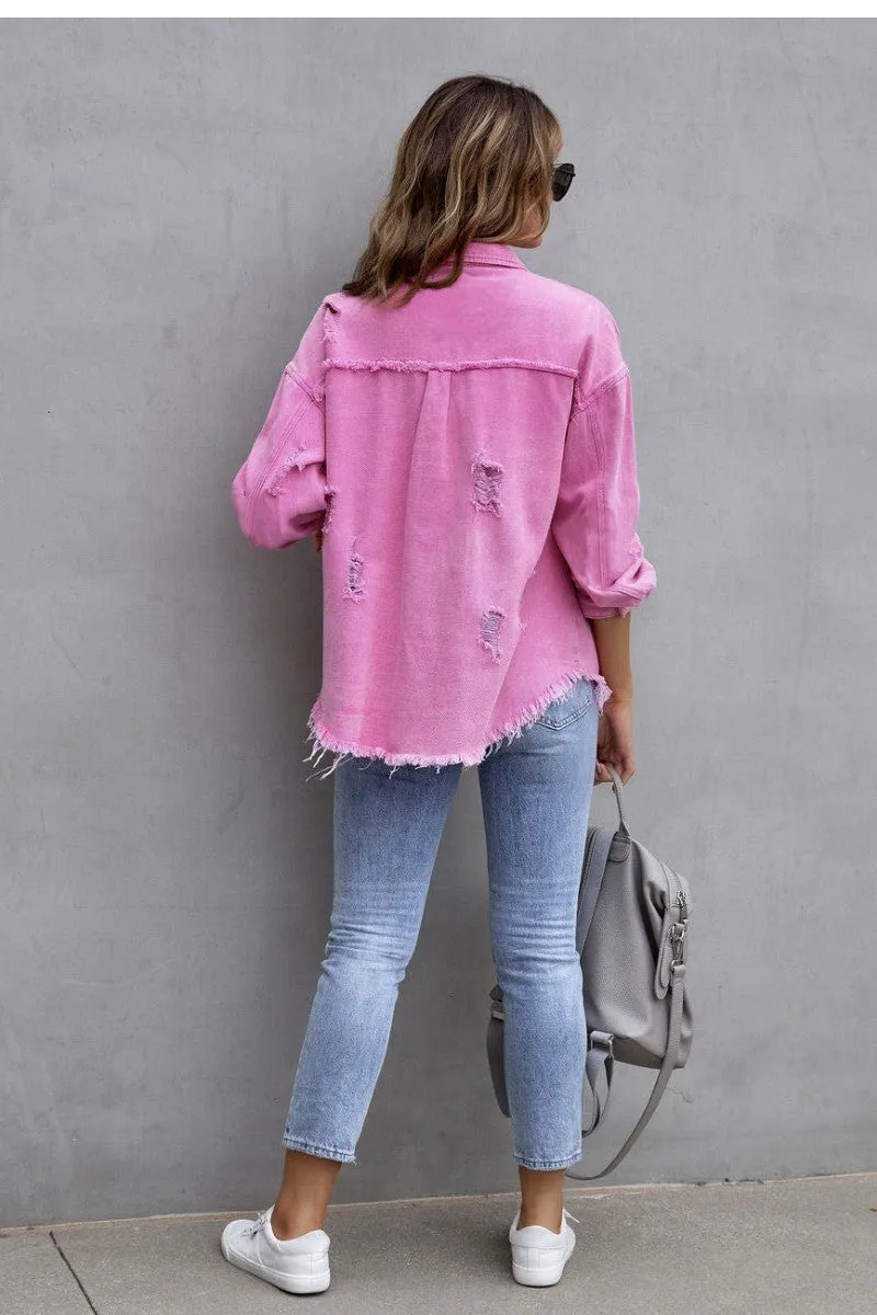 Pink Tattered Frayed Denim Jacket