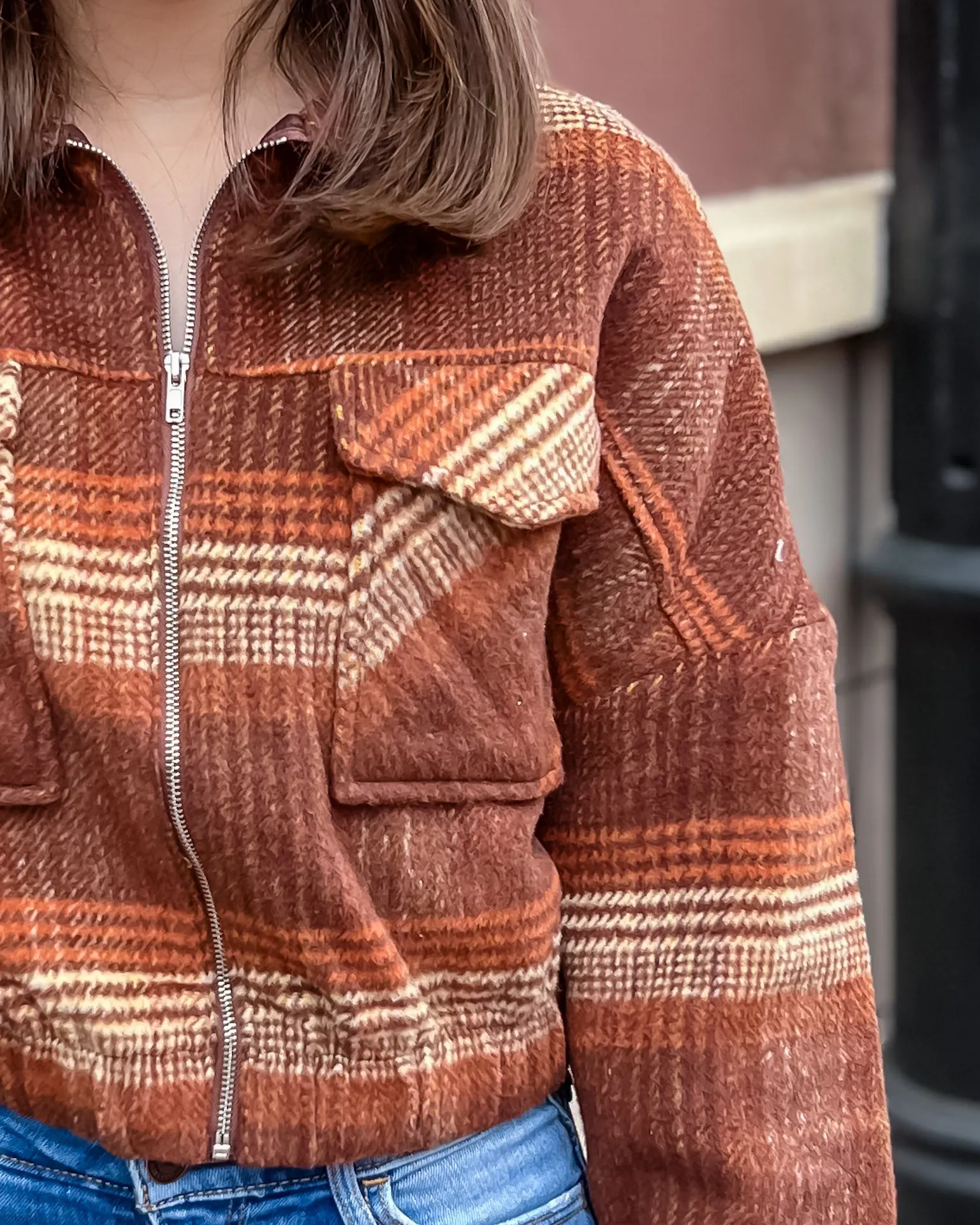 Rust Plaid Flannel Jacket w/Elastic Band