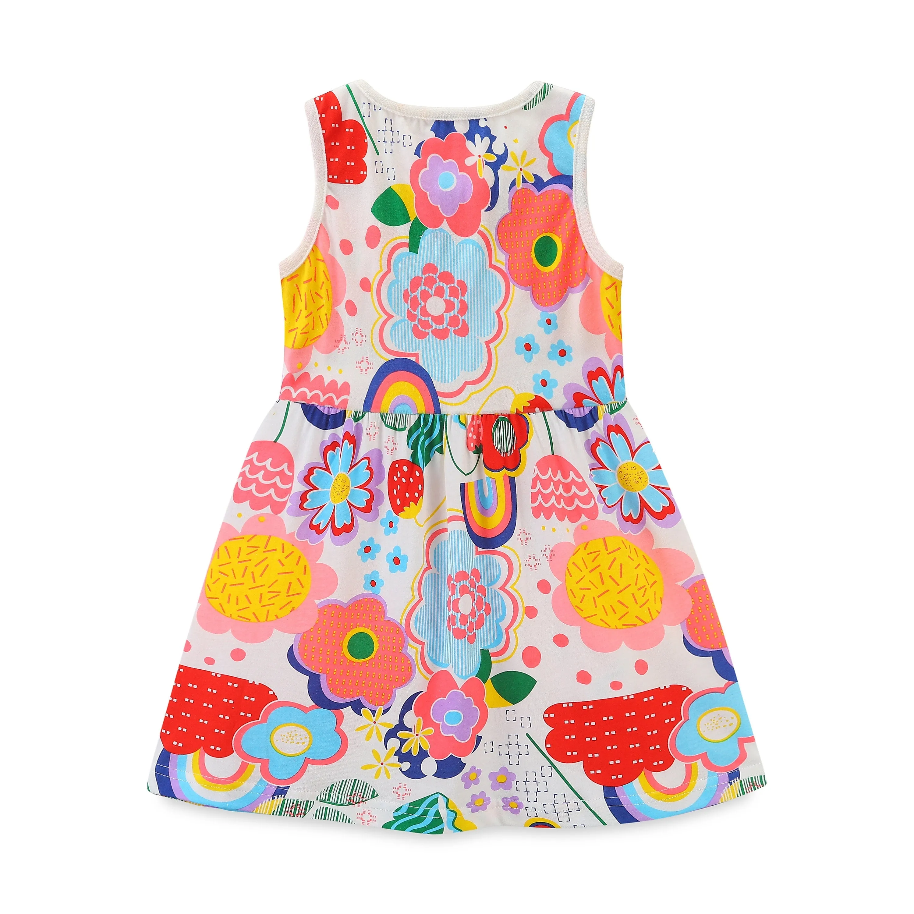 Short Sleeve Bright Floral Rainbow Pattern Girls Dress in Pink | Toddler Kids Baby Girl Summer Dresses Gift Princess Girl Dresses Cloths