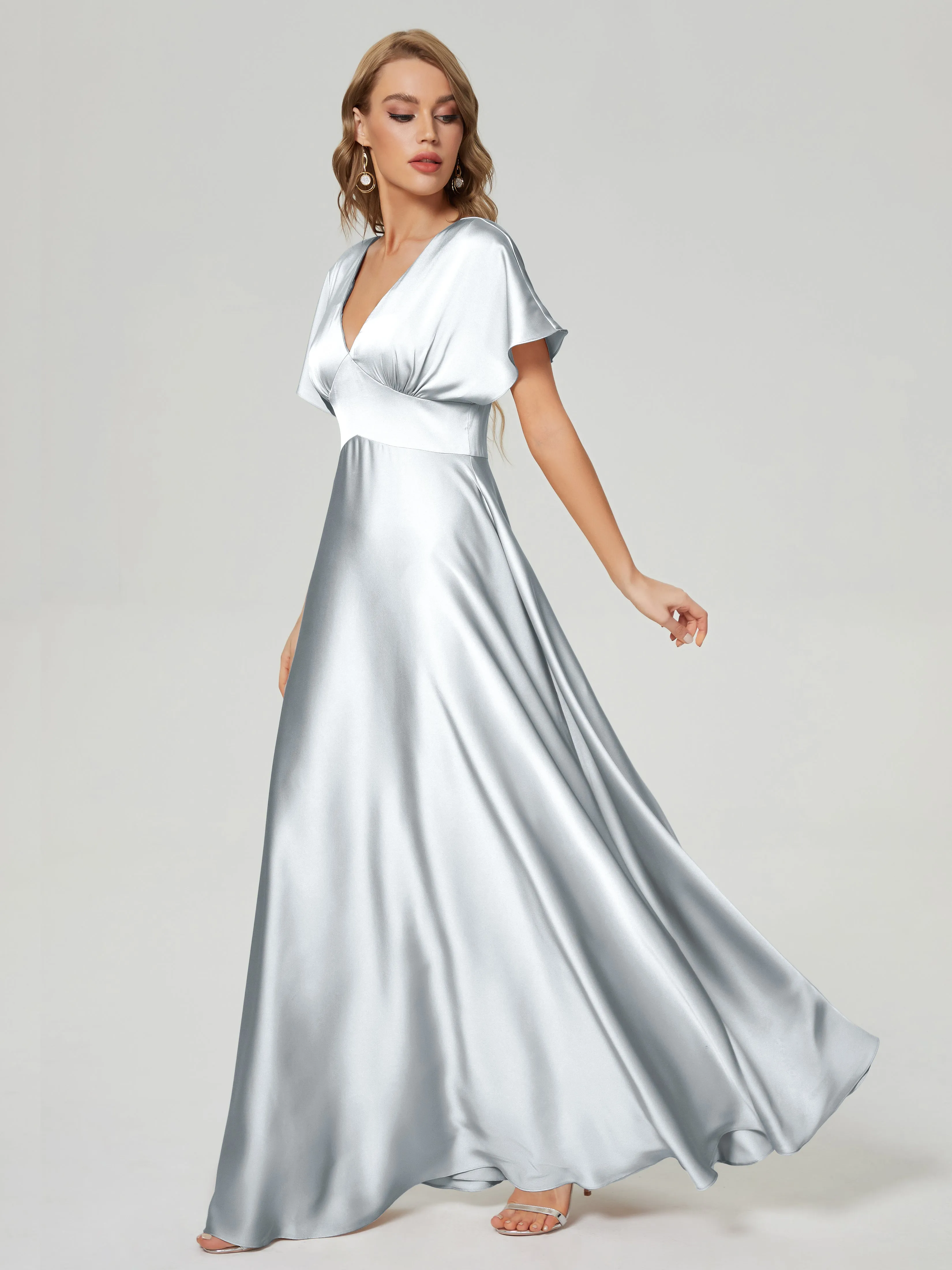 Silver Bridesmaid Dresses Ariah Modest V Neck Short Sleeves Soft Satin Dresses