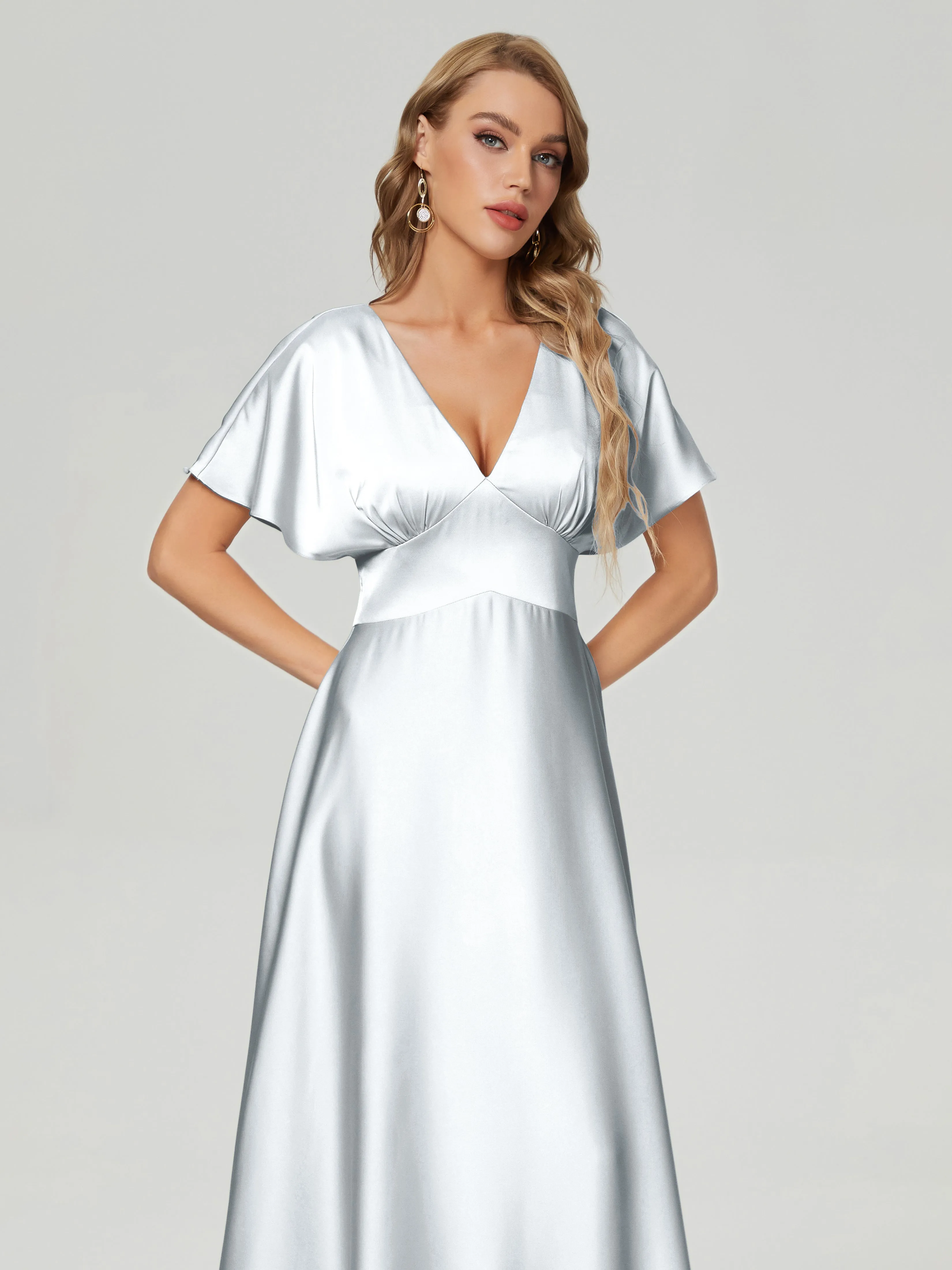 Silver Bridesmaid Dresses Ariah Modest V Neck Short Sleeves Soft Satin Dresses