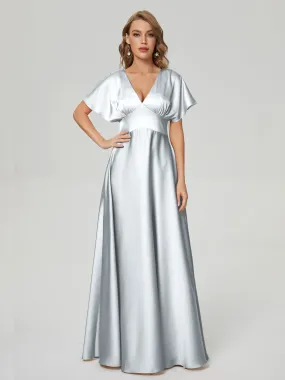 Silver Bridesmaid Dresses Ariah Modest V Neck Short Sleeves Soft Satin Dresses