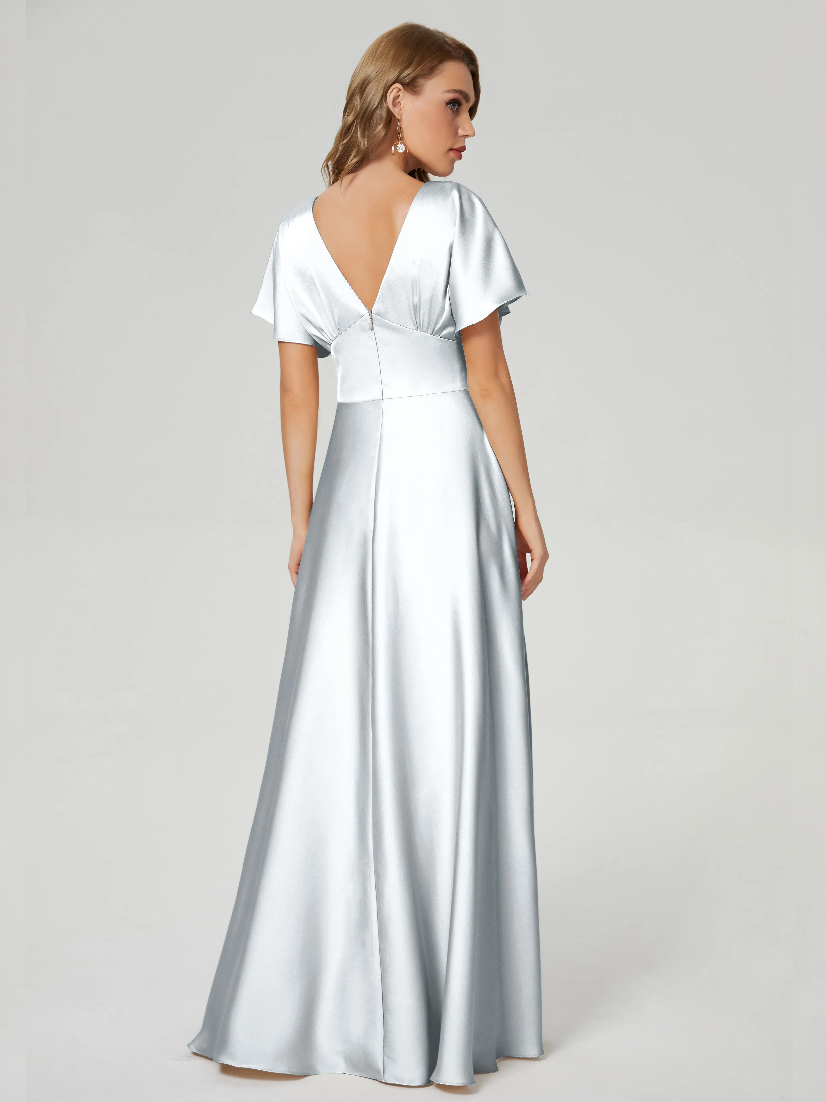 Silver Bridesmaid Dresses Ariah Modest V Neck Short Sleeves Soft Satin Dresses