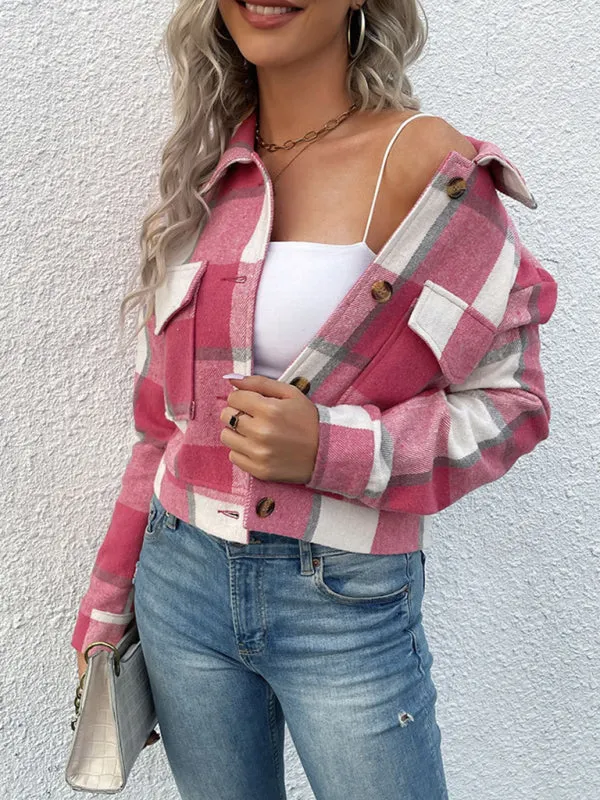 Trendy Women's Checked Shirt Jacket - Plaid Crop Jacket