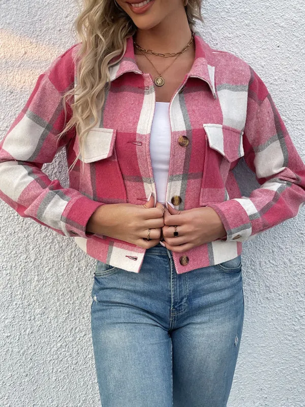 Trendy Women's Checked Shirt Jacket - Plaid Crop Jacket