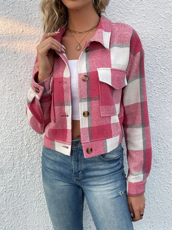 Trendy Women's Checked Shirt Jacket - Plaid Crop Jacket