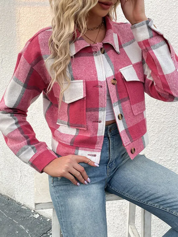 Trendy Women's Checked Shirt Jacket - Plaid Crop Jacket