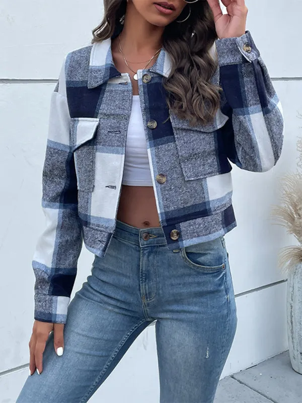 Trendy Women's Checked Shirt Jacket - Plaid Crop Jacket