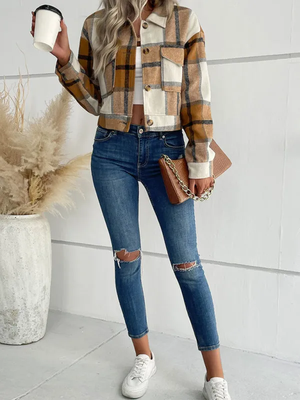 Trendy Women's Checked Shirt Jacket - Plaid Crop Jacket