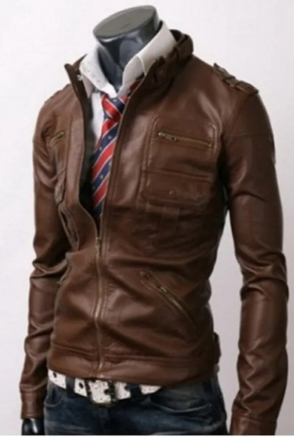 Trendy Zip Pocket Light Brown Leather Jacket