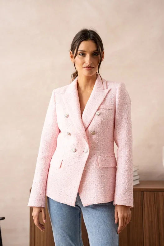 Tweed Double-Breasted Blazer Jacket With Gold Buttons Pink