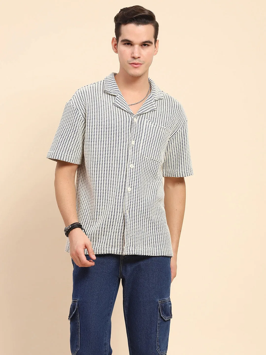 White & Blue Cotton Blend Textured Casual Shirt