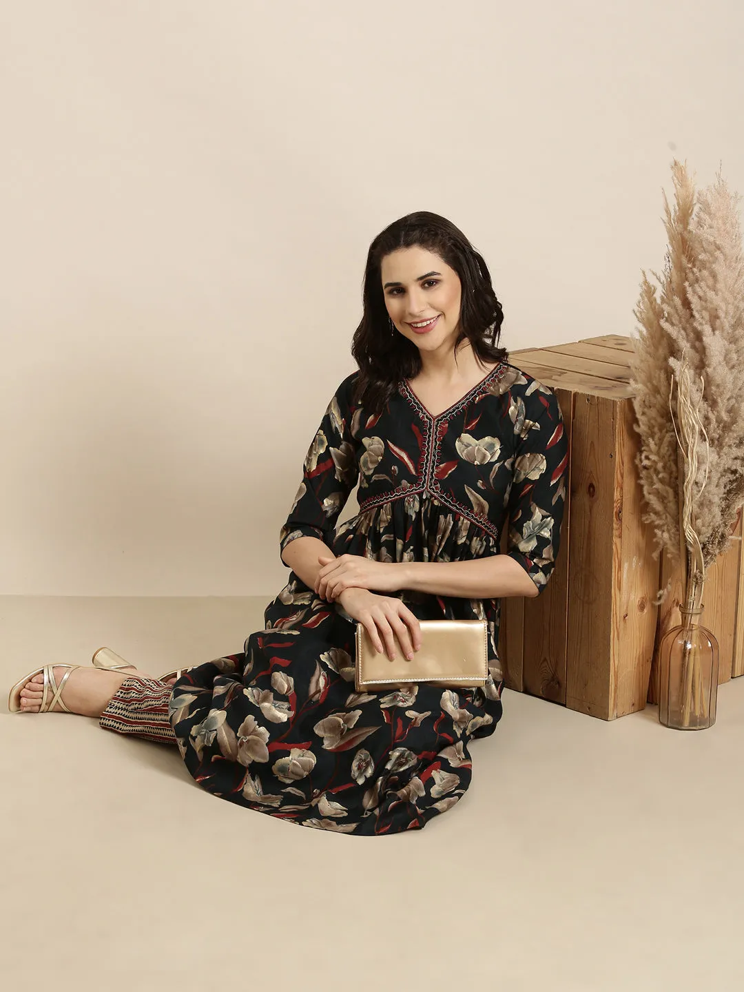 Women Anarkali Black Floral Kurta and Trousers Set