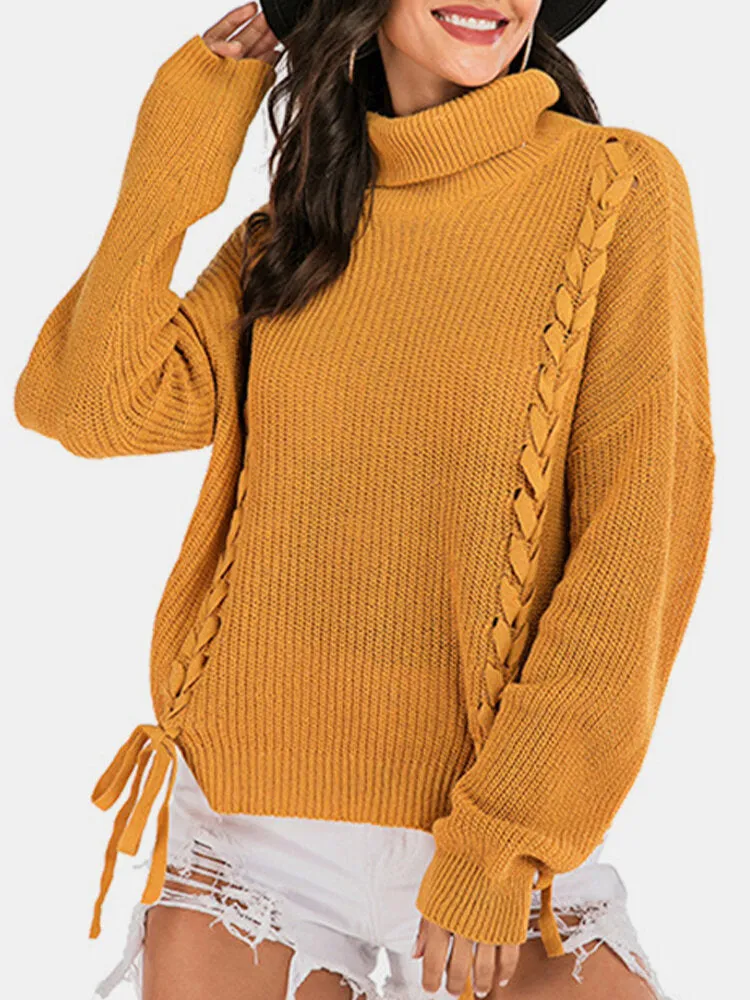 Women Bandage High Neck Pullover Warm Yellow Knitting Sweaters