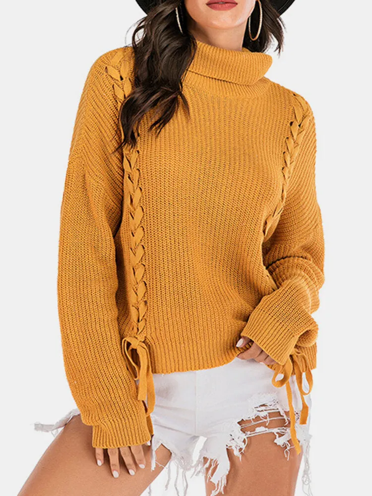 Women Bandage High Neck Pullover Warm Yellow Knitting Sweaters