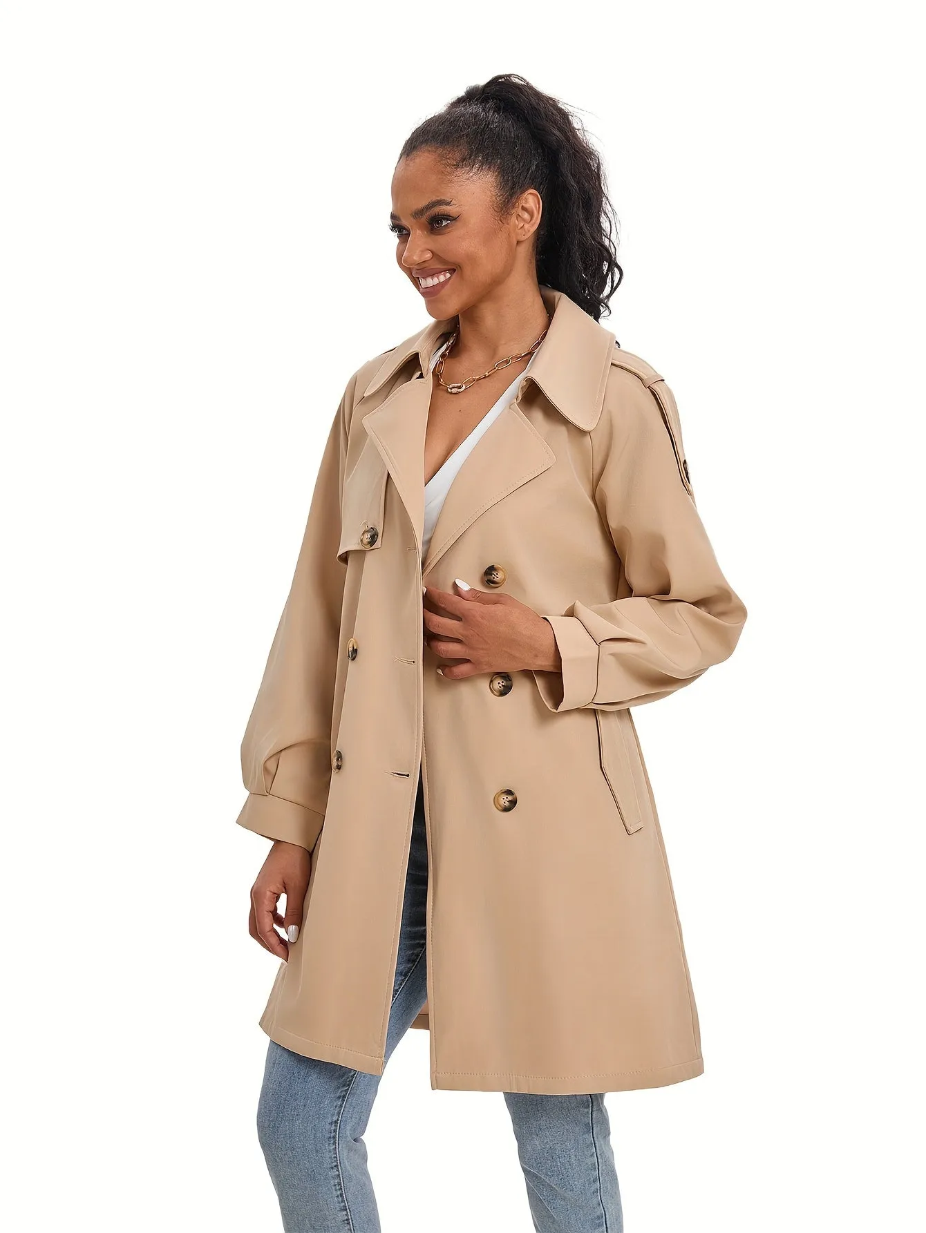 Women's Classic Double-Breasted Trenchcoat with Puff Sleeves | Ideal for Autumn/Winter