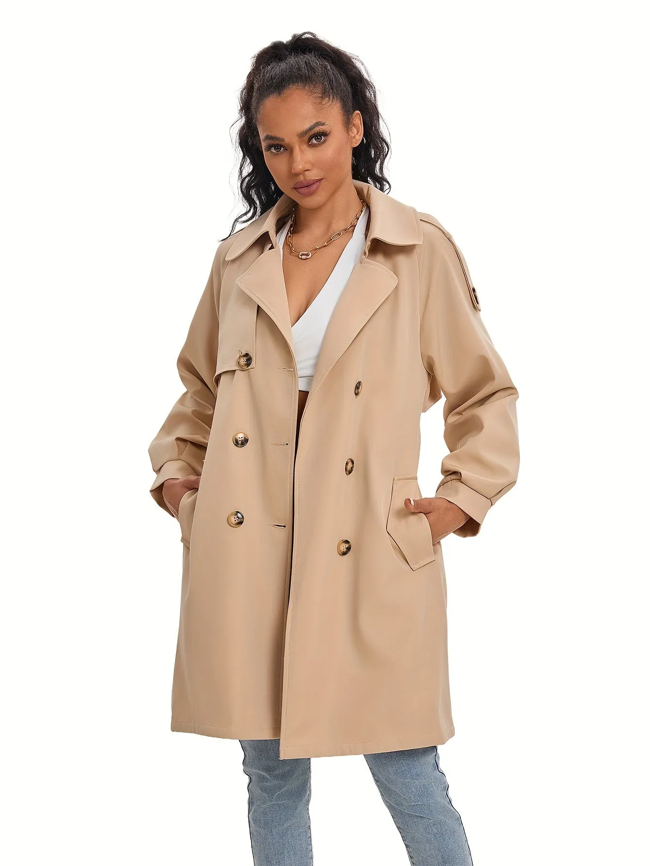 Women's Classic Double-Breasted Trenchcoat with Puff Sleeves | Ideal for Autumn/Winter