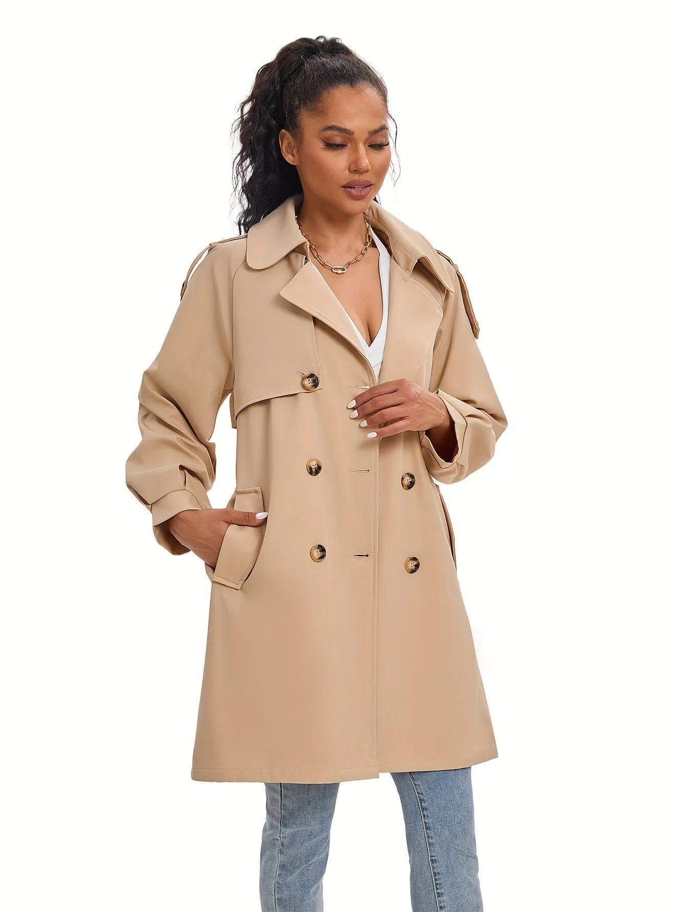 Women's Classic Double-Breasted Trenchcoat with Puff Sleeves | Ideal for Autumn/Winter