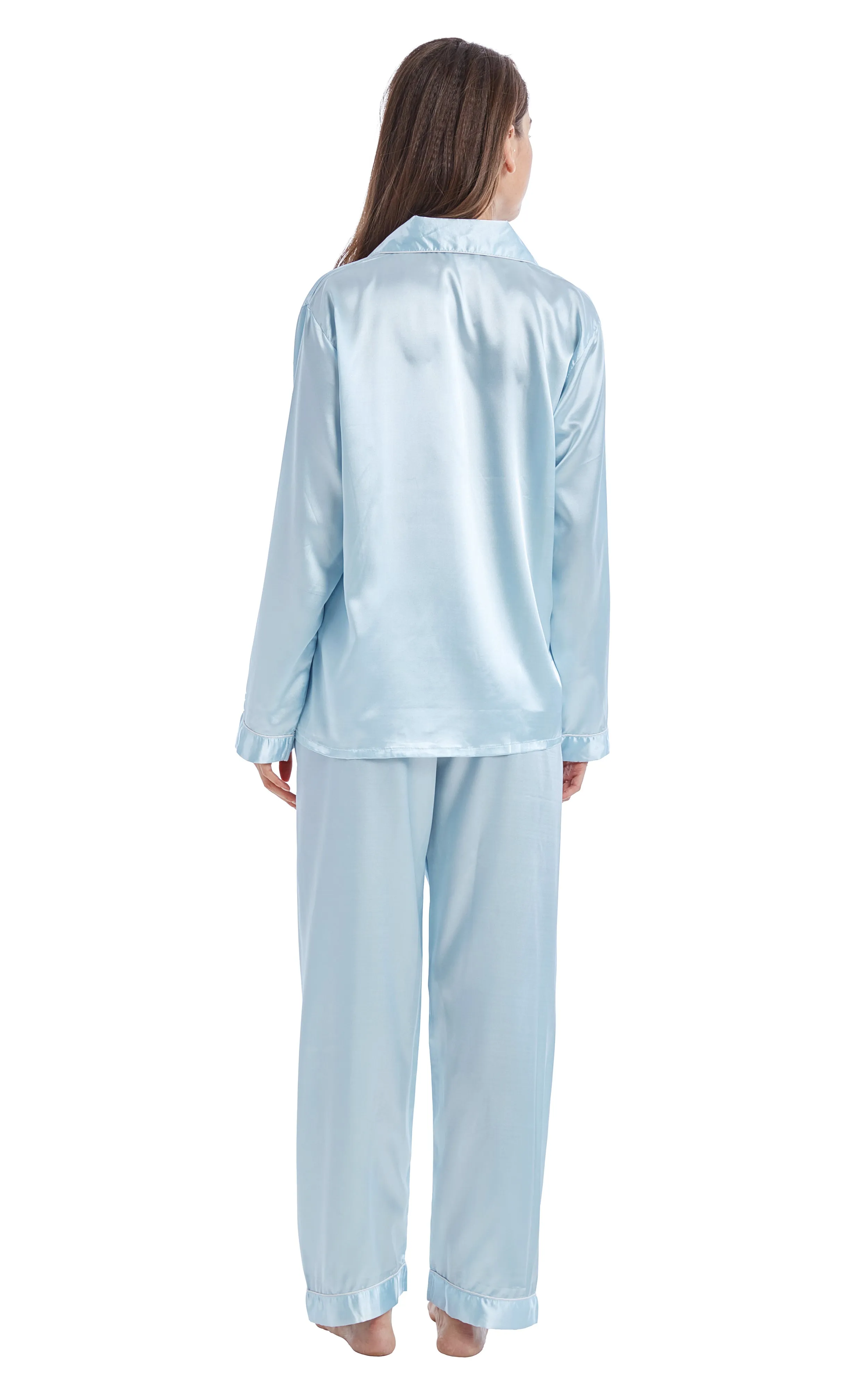 Women's Silk Satin Pajama Set Long Sleeve-Light Blue with White Piping