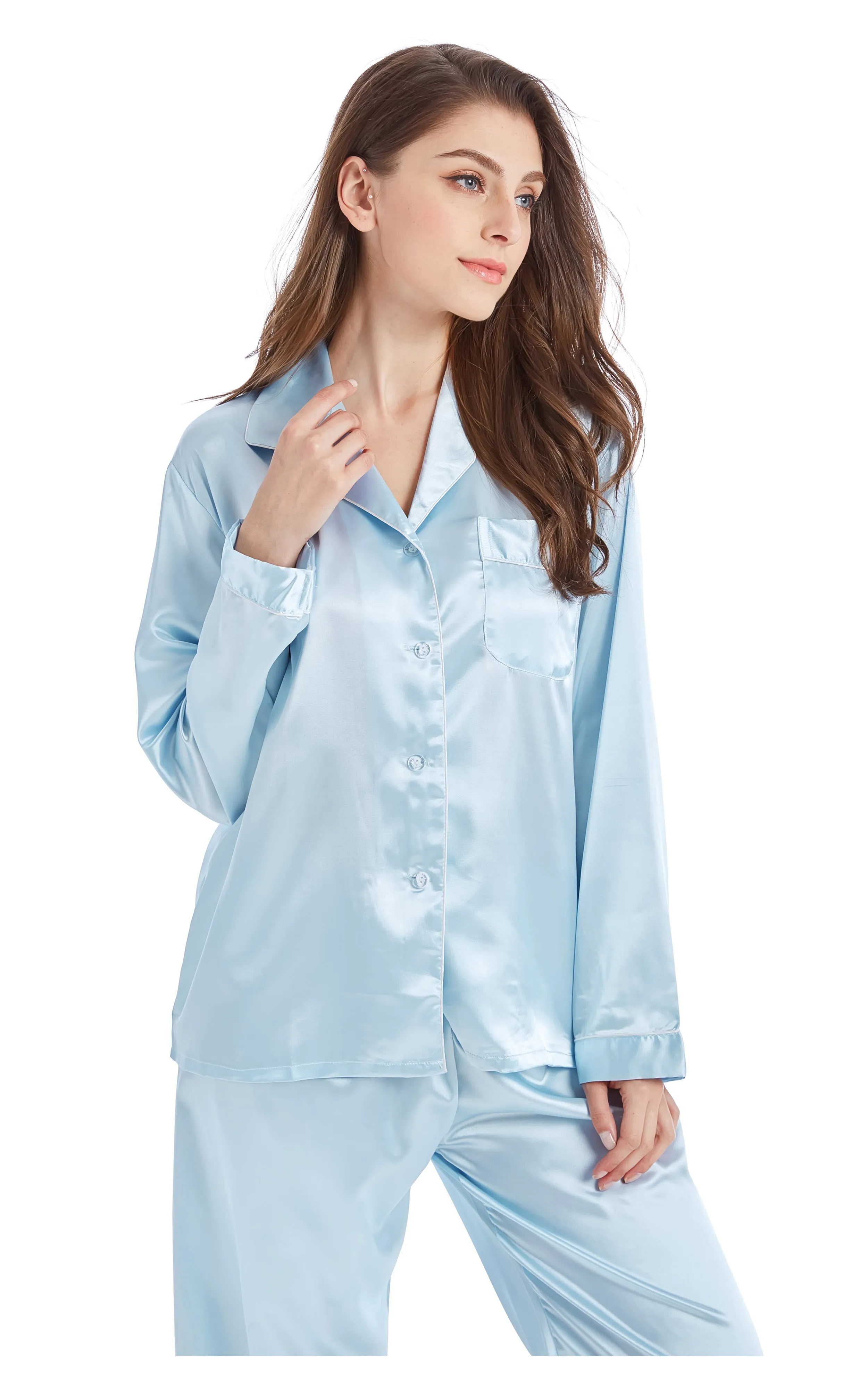 Women's Silk Satin Pajama Set Long Sleeve-Light Blue with White Piping