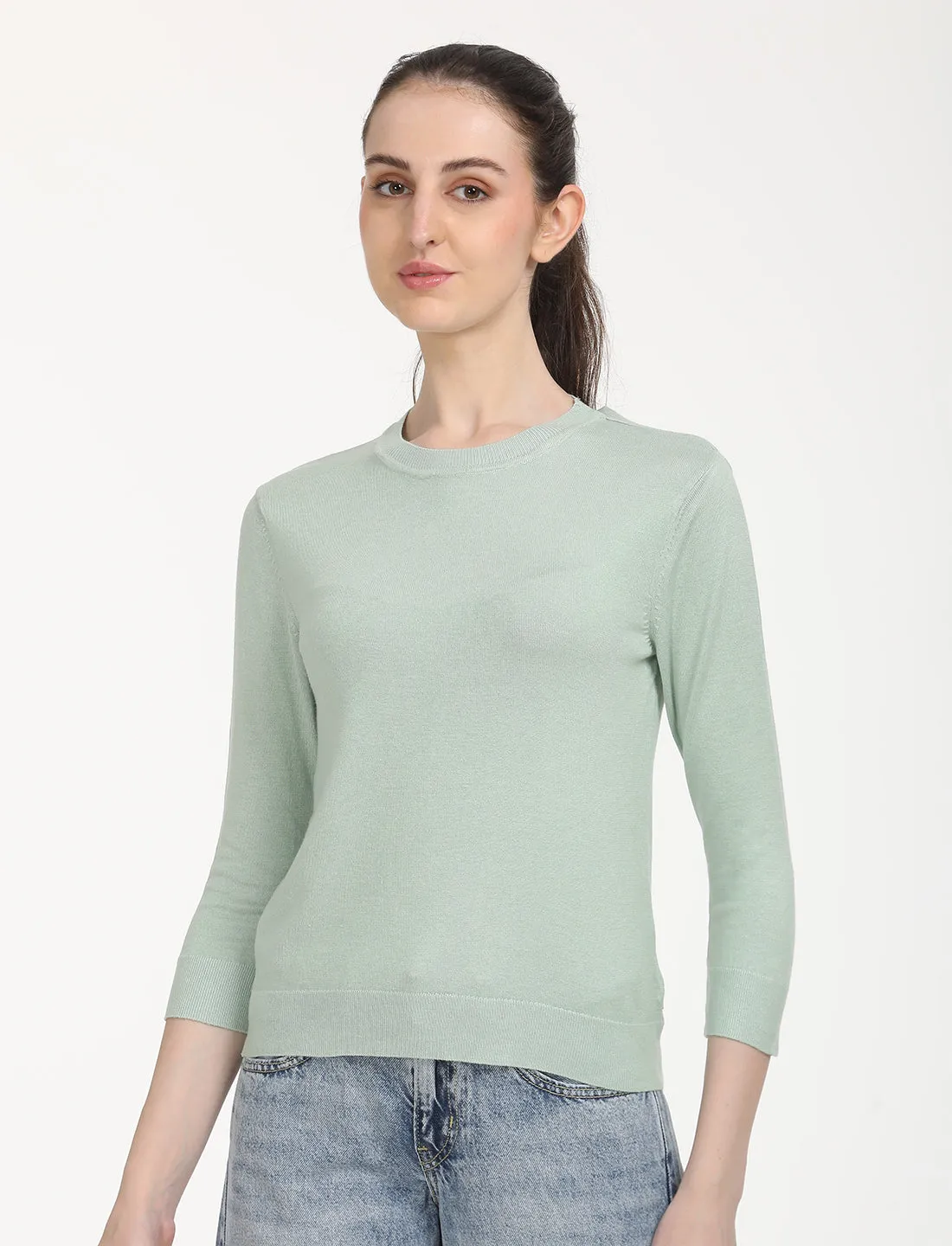 Women's Solid Green Crew Neck Sweater